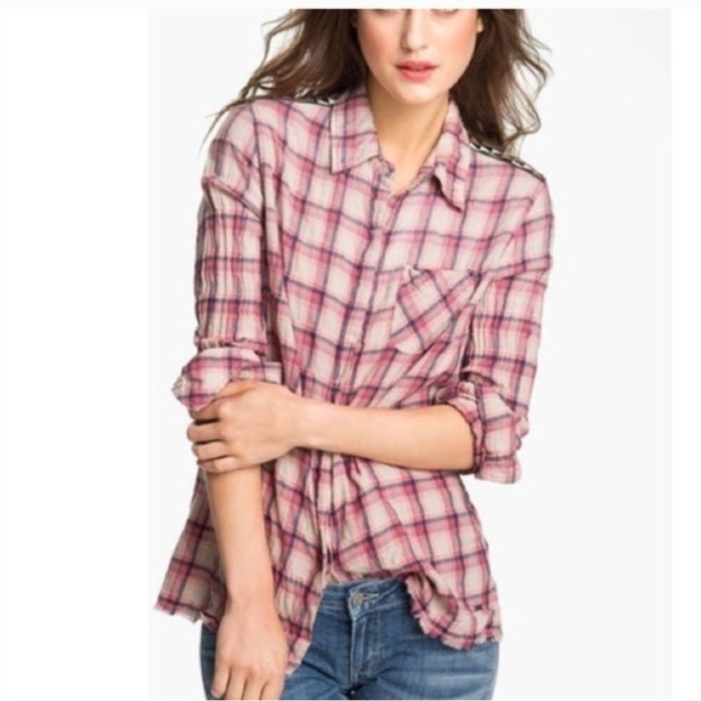 Maison Scotch Beaded Shoulder Pink Plaid Button Up Long Sleeve Shirt Sz‎ 2